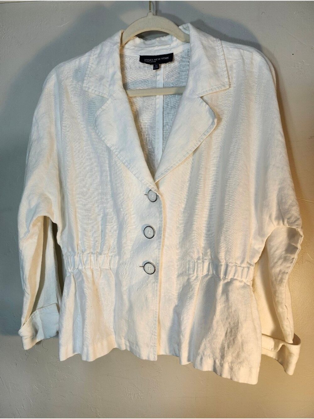 Jones New York White Textured Button Front Jacket 100% Linen